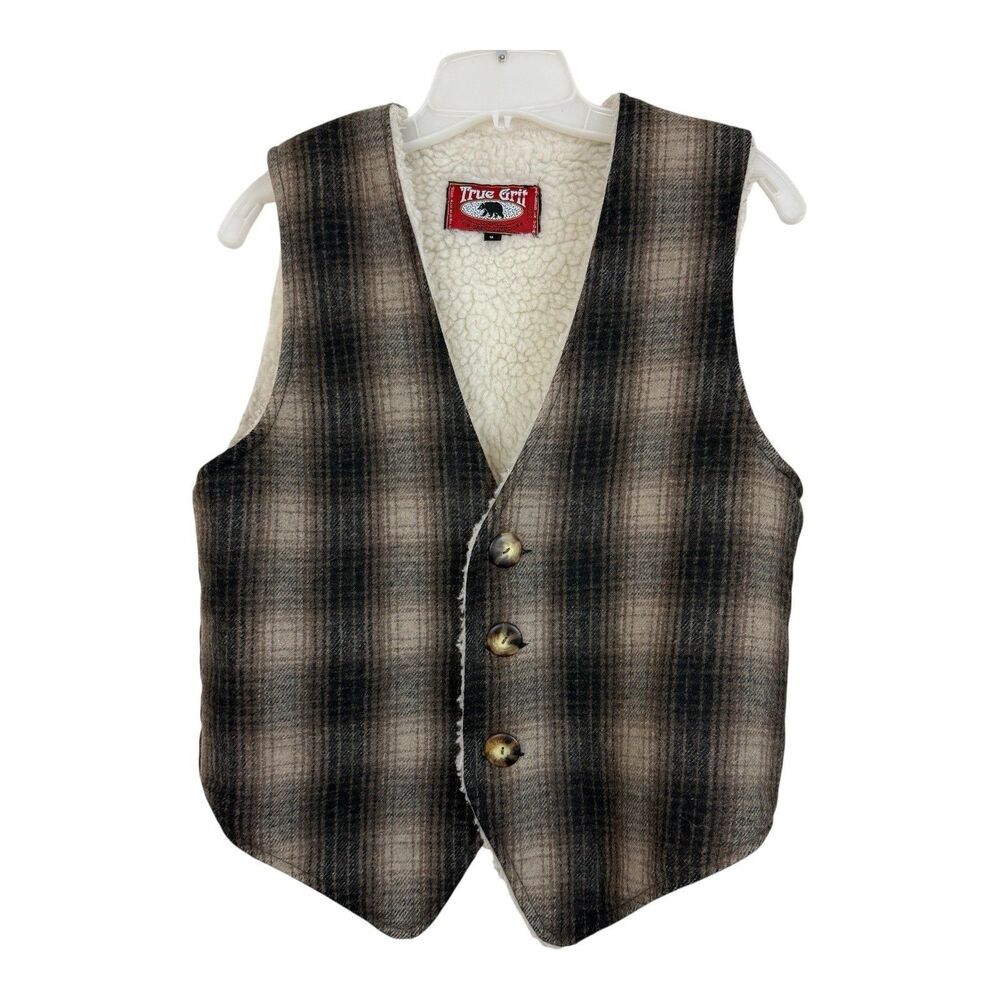 True Grit Wool Vest Mens Sz Small Gray Plaid Button Closure Quilted Back USA